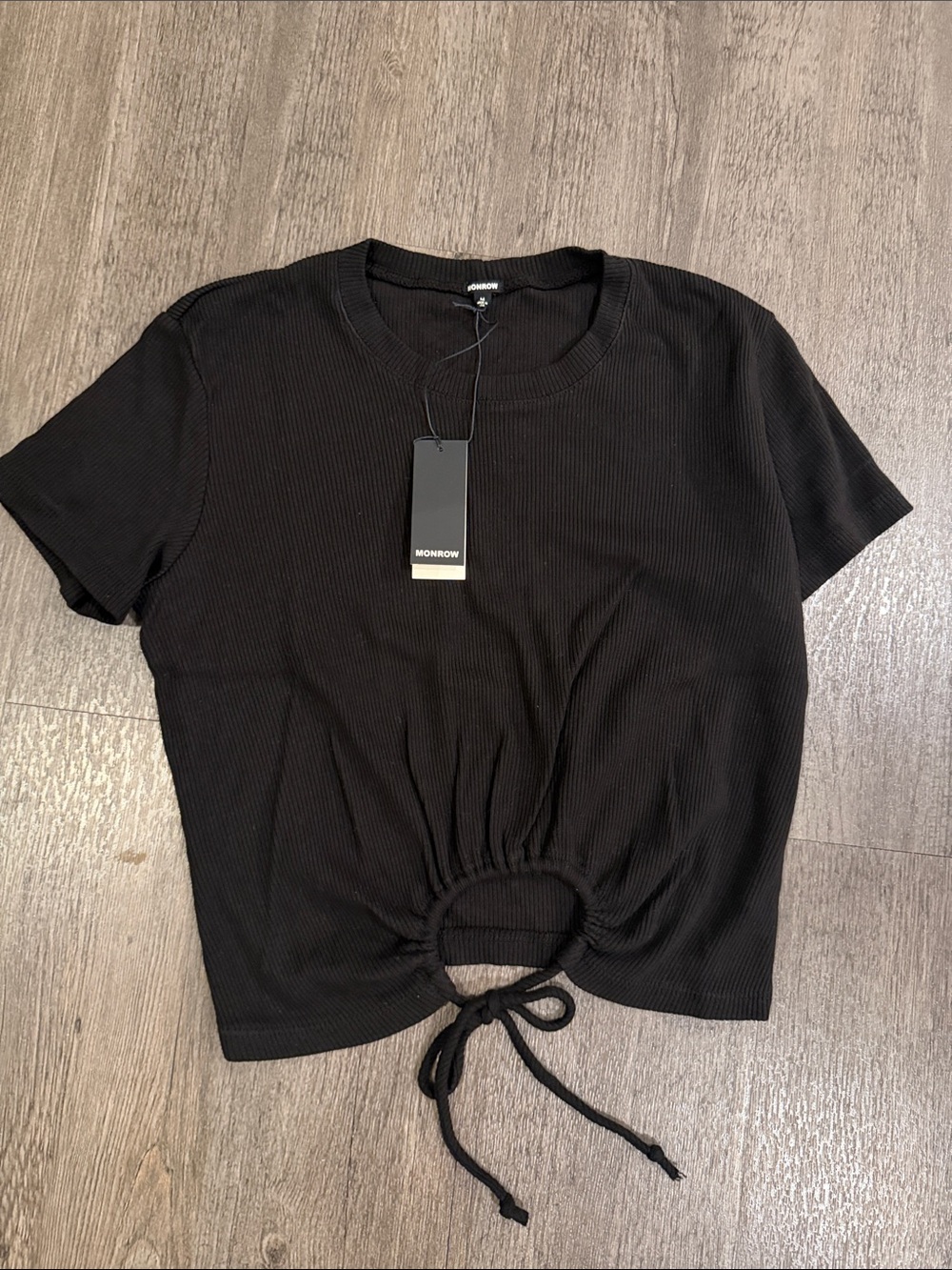 Monrow Black Ribbed Drawstring Front Crop Tee